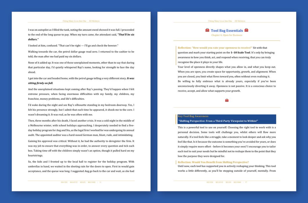 Two pages from the book: a page of the story, and a Tool Bag Essentials page with a Key Tool Bag Awareness